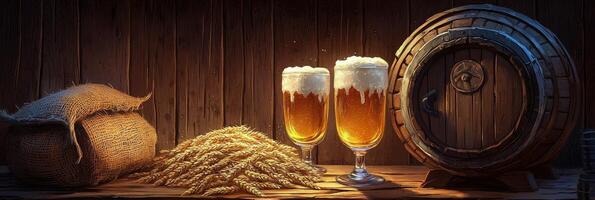 Two glasses of beer beside a wooden barrel and grains on a rustic table at a brewery photo