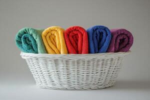 Colorful rolled towels neatly arranged in a woven basket on a neutral background photo