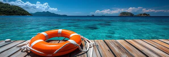 Lifebuoy on a wooden dock overlooking tranquil turquoise waters in a sunny coastal setting photo