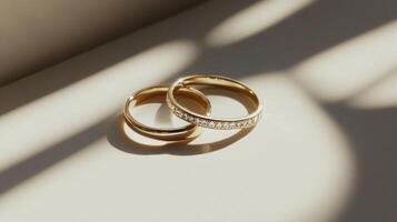 Elegant gold wedding rings displayed surrounded by gentle shadow patterns on soft surface photo