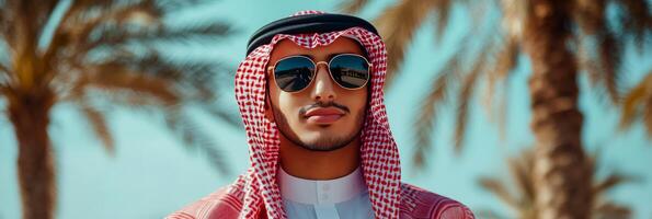 Young man wearing traditional attire and sunglasses poses confidently among palm trees photo