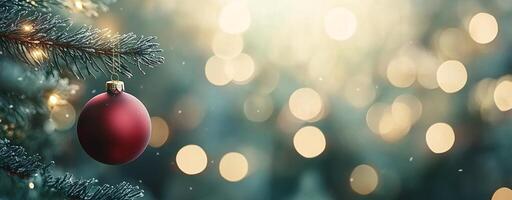 Bright red ornament hanging from a Christmas tree branch with soft bokeh lights in the background photo