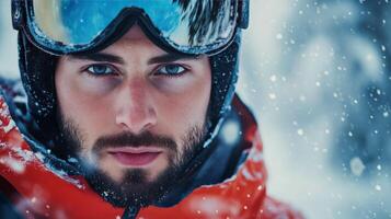 Ski enthusiast poses in snowy terrain wearing a vibrant jacket and protective gear during winter photo