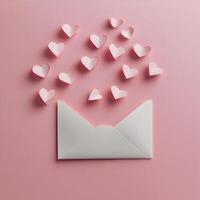 Hearts flying out of an envelope on a pink background in a creative celebration of love photo