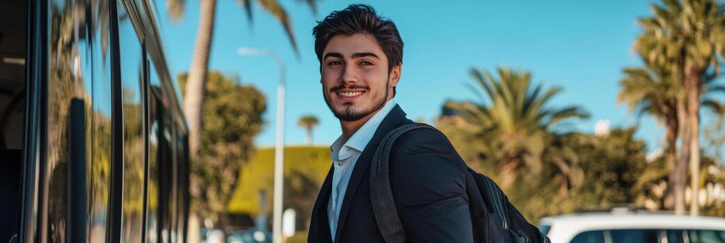 Smiling young man wearing suit stands near bus under palm trees during sunny day photo