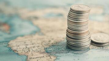 Currency coins stacked on a world map highlighting economic significance photo