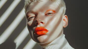 Model with vibrant orange lipstick and striking features in artistic light play photo