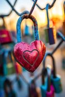 Colorful heart shaped padlock hanging on a fence during sunset in a park photo