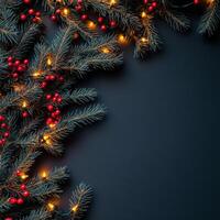 Decorative holiday greenery with twinkling lights and red berries on a dark background photo