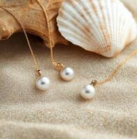 Elegant pearl necklaces displayed on sandy beach with seashells in the background photo