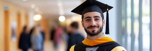 Young graduate smiles confidently in academic attire within bright campus hallway photo