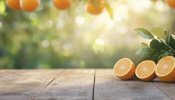 Freshly cut oranges on a wooden table with a sunny orchard background photo