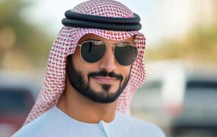 Man wearing sunglasses and traditional attire smiles outdoors in a sunny urban setting photo