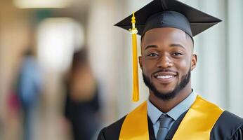 Young man in graduation cap and gown smiles with pride in modern school hallway photo