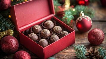 Festive chocolate truffles in a red box surrounded by Christmas decorations photo