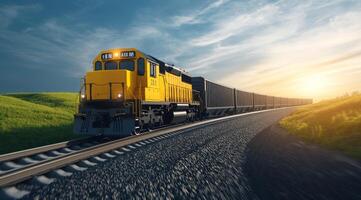 Train travels along a scenic route with clouds and sunlight creating a beautiful landscape photo