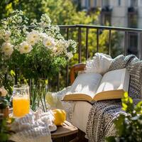Cozy balcony corner with a book, flowers, and refreshing drink during a sunny afternoon photo