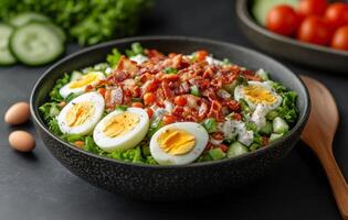 Fresh garden salad with boiled eggs and bacon on a dark table photo