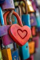 Colorful heart shaped padlock hanging on a fence during sunset in a park photo