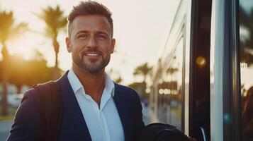 Professional man smiling while stepping off bus in city with palm trees in background photo