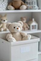 Soft bear resting in a storage box in a cozy childs room photo