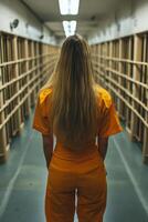 Woman in orange jumpsuit stands in empty prison corridor at dusk photo