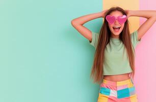 Young girl enjoying playtime with heart shaped sunglasses in a colorful setting photo