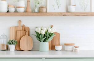 Fresh tulips brighten a modern kitchen decor with soft colors and elegant design elements photo
