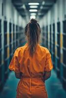 Woman in orange jumpsuit stands in empty prison corridor at dusk photo