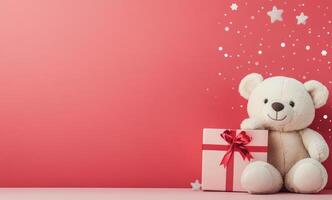 Soft teddy bear sits next to a wrapped gift on a pink background for a cheerful celebration photo