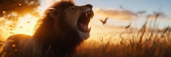 Majestic lion roars at sunset in the African savannah photo