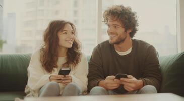 Couple enjoying time together while texting in a cozy living room during the afternoon photo