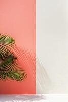 Vibrant plant casting shadows on modern coral and white wall design with sunlight photo