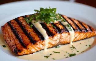 Grilled salmon filet served with creamy sauce and fresh herbs on a white plate photo