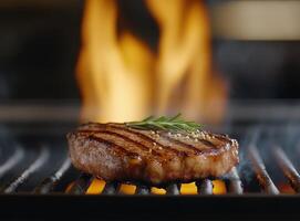 Grilled steak with rosemary garnishing over open flame in a kitchen setting photo