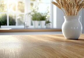 Fresh wheat arrangement in a cozy kitchen with natural light and wooden counters photo