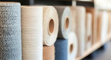 Collection of colorful fabric rolls arranged neatly in a textile store showcasing material variety photo