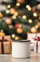 Cozy winter morning with hot drink and holiday decorations in the background photo