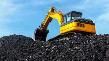 Heavy machinery transports coal at a mining site under a clear blue sky photo