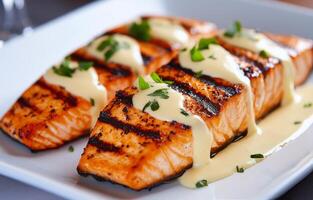 Grilled salmon filet served with creamy sauce and fresh herbs on a white plate photo
