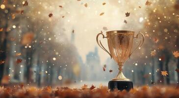 Golden trophy surrounded by falling leaves in a serene landscape at twilight photo