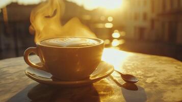 Warm cup of coffee resting on a wooden table at sunrise by the beach photo