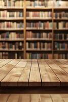 Warm wooden table in a quiet library with shelves full of books at evening time photo