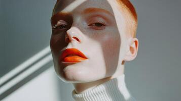 Model with vibrant orange lipstick and striking features in artistic light play photo