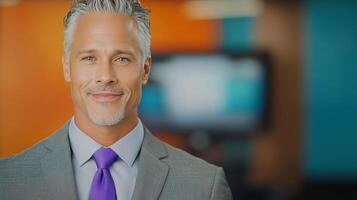 Confident professional man in gray suit with purple tie smiling in bright office environment photo