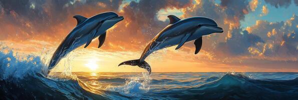 Dolphins leaping through waves at sunset in a vibrant ocean scene photo