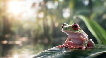 Bright red eyed tree frog resting on a leaf in a tropical rainforest at dawn photo