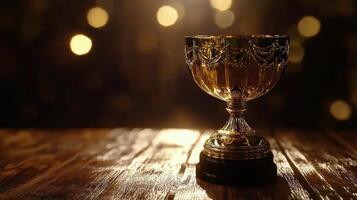 Sparkling trophy on wooden table illuminated by soft lights during award ceremony photo