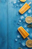 Colorful yellow popsicles arranged on a bright blue background create a cheerful summer vibe photo