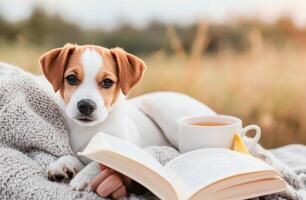 Cozy dog resting in warm blanket with cup of tea and open notebook on wooden table photo